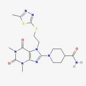 molecular formula C18H24N8O3S2 B2746393 1-(1,3-dimethyl-7-{2-[(5-methyl-1,3,4-thiadiazol-2-yl)sulfanyl]ethyl}-2,6-dioxo-2,3,6,7-tetrahydro-1H-purin-8-yl)piperidine-4-carboxamide CAS No. 476482-62-9