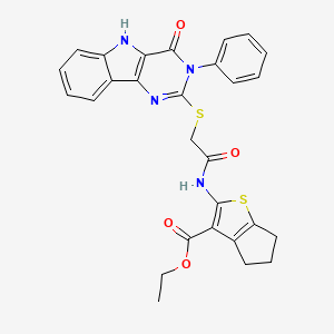 molecular formula C28H24N4O4S2 B2746394 ethyl 2-[[2-[(4-oxo-3-phenyl-5H-pyrimido[5,4-b]indol-2-yl)sulfanyl]acetyl]amino]-5,6-dihydro-4H-cyclopenta[b]thiophene-3-carboxylate CAS No. 536703-81-8