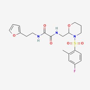 molecular formula C20H24FN3O6S B2746403 N1-((3-((4-fluoro-2-methylphenyl)sulfonyl)-1,3-oxazinan-2-yl)methyl)-N2-(2-(furan-2-yl)ethyl)oxalamide CAS No. 872724-14-6