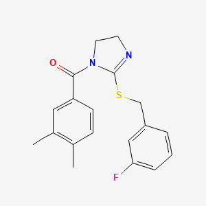 molecular formula C19H19FN2OS B2746404 (3,4-Dimethylphenyl)-[2-[(3-fluorophenyl)methylsulfanyl]-4,5-dihydroimidazol-1-yl]methanone CAS No. 851864-83-0