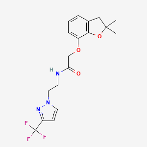 molecular formula C18H20F3N3O3 B2746416 2-((2,2-dimethyl-2,3-dihydrobenzofuran-7-yl)oxy)-N-(2-(3-(trifluoromethyl)-1H-pyrazol-1-yl)ethyl)acetamide CAS No. 1448134-34-6