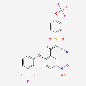 molecular formula C23H12F6N2O6S B2746418 3-(5-硝基-2-(3-(三氟甲基)苯氧基)苯基)-2-((4-(三氟甲氧基)苯基)磺酰)丙-2-烯腈 CAS No. 1024736-34-2