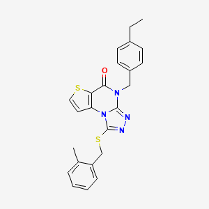 molecular formula C24H22N4OS2 B2746440 4-(4-ethylbenzyl)-1-((2-methylbenzyl)thio)thieno[2,3-e][1,2,4]triazolo[4,3-a]pyrimidin-5(4H)-one CAS No. 1223814-71-8