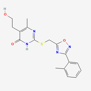molecular formula C17H18N4O3S B2746466 5-(2-Hydroxyethyl)-6-methyl-2-({[3-(2-methylphenyl)-1,2,4-oxadiazol-5-yl]methyl}sulfanyl)-4-pyrimidinol CAS No. 946352-62-1