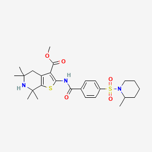 molecular formula C26H35N3O5S2 B2746517 Methyl 5,5,7,7-tetramethyl-2-[[4-(2-methylpiperidin-1-yl)sulfonylbenzoyl]amino]-4,6-dihydrothieno[2,3-c]pyridine-3-carboxylate CAS No. 489471-19-4