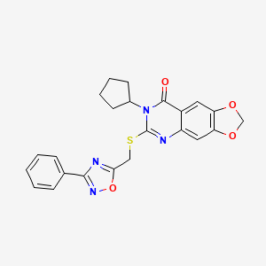 molecular formula C23H20N4O4S B2746569 7-环戊基-6-(((3-苯基-1,2,4-噁二唑-5-基)甲基)硫基)-[1,3]二氧杂环戊[4,5-g]喹唑-8(7H)-酮 CAS No. 1031981-03-9