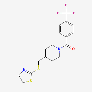 molecular formula C17H19F3N2OS2 B2746570 (4-(((4,5-Dihydrothiazol-2-yl)thio)methyl)piperidin-1-yl)(4-(trifluoromethyl)phenyl)methanone CAS No. 1396860-96-0