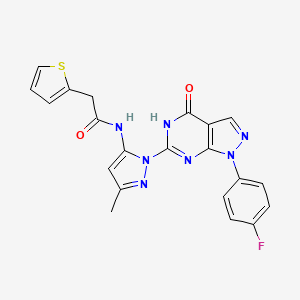 molecular formula C21H16FN7O2S B2746589 N-(1-(1-(4-fluorophenyl)-4-oxo-4,5-dihydro-1H-pyrazolo[3,4-d]pyrimidin-6-yl)-3-methyl-1H-pyrazol-5-yl)-2-(thiophen-2-yl)acetamide CAS No. 1020488-84-9