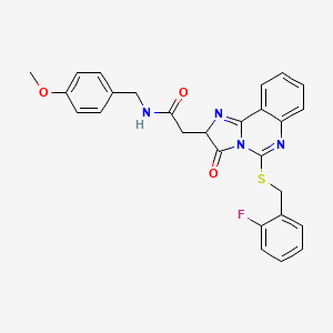 molecular formula C27H23FN4O3S B2746595 2-[5-[(2-fluorophenyl)methylsulfanyl]-3-oxo-2H-imidazo[1,2-c]quinazolin-2-yl]-N-[(4-methoxyphenyl)methyl]acetamide CAS No. 1023456-30-5