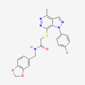 molecular formula C22H18FN5O3S B2746621 N-(苯并[d][1,3]二噁杂环-5-基甲基)-2-((1-(4-氟苯基)-4-甲基-1H-吡唑并[3,4-d]吡啶-7-基)硫)乙酰胺 CAS No. 1105236-15-4