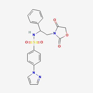 molecular formula C20H18N4O5S B2746646 N-(2-(2,4-二氧代噁唑啉-3-基)-1-苯乙基)-4-(1H-吡唑-1-基)苯磺酰胺 CAS No. 2034404-32-3