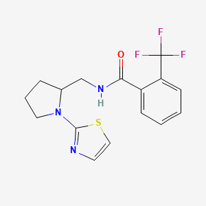 molecular formula C16H16F3N3OS B2746658 N-((1-(噻唑-2-基)吡咯啉-2-基)甲基)-2-(三氟甲基)苯甲酰胺 CAS No. 1788556-22-8