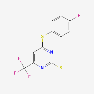molecular formula C12H8F4N2S2 B2746687 4-Fluorophenyl 2-(methylsulfanyl)-6-(trifluoromethyl)-4-pyrimidinyl sulfide CAS No. 303988-10-5