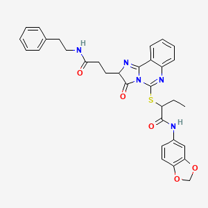 molecular formula C32H31N5O5S B2746762 N-(2H-1,3-苯并二噁英-5-基)-2-[(3-氧代-2-{2-[(2-苯乙基)氨基甲酰]乙基}-2H,3H-咪唑并[1,2-c]喹啉-5-基)硫基]丁酰胺 CAS No. 1219368-77-0