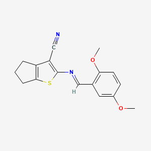 molecular formula C17H16N2O2S B2746770 (E)-2-((2,5-dimethoxybenzylidene)amino)-5,6-dihydro-4H-cyclopenta[b]thiophene-3-carbonitrile CAS No. 324776-86-5