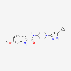molecular formula C21H25N5O2 B2746771 N-(1-(5-cyclopropyl-1H-pyrazol-3-yl)piperidin-4-yl)-6-methoxy-1H-indole-2-carboxamide CAS No. 1902893-12-2