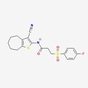 molecular formula C19H19FN2O3S2 B2746786 N-(3-cyano-5,6,7,8-tetrahydro-4H-cyclohepta[b]thiophen-2-yl)-3-(4-fluorophenyl)sulfonylpropanamide CAS No. 895475-73-7