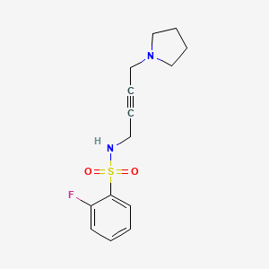 molecular formula C14H17FN2O2S B2746800 2-fluoro-N-(4-(pyrrolidin-1-yl)but-2-yn-1-yl)benzenesulfonamide CAS No. 1396815-01-2