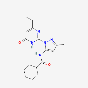 molecular formula C18H25N5O2 B2746929 N-(3-methyl-1-(6-oxo-4-propyl-1,6-dihydropyrimidin-2-yl)-1H-pyrazol-5-yl)cyclohexanecarboxamide CAS No. 1004253-97-7