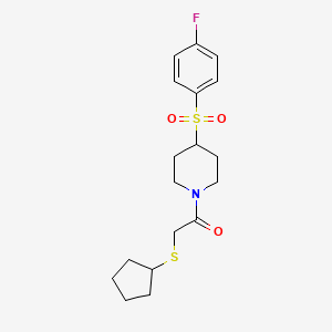 molecular formula C18H24FNO3S2 B2746993 2-(Cyclopentylthio)-1-(4-((4-fluorophenyl)sulfonyl)piperidin-1-yl)ethanone CAS No. 1448030-09-8