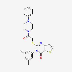 molecular formula C26H28N4O2S2 B2747125 3-(3,5-二甲基苯基)-2-((2-氧代-2-(4-苯基哌嗪-1-基)乙基)硫)-6,7-二氢噻吩并[3,2-d]嘧啶-4(3H)-酮 CAS No. 877653-27-5