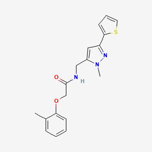 molecular formula C18H19N3O2S B2747151 2-(2-Methylphenoxy)-N-[(2-methyl-5-thiophen-2-ylpyrazol-3-yl)methyl]acetamide CAS No. 2309748-65-8