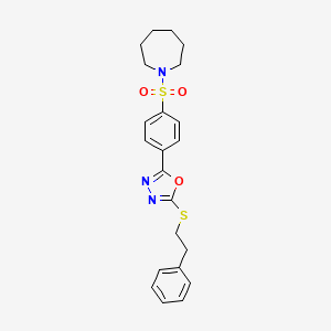 molecular formula C22H25N3O3S2 B2747152 2-(4-(Azepan-1-ylsulfonyl)phenyl)-5-(phenethylthio)-1,3,4-oxadiazole CAS No. 923216-03-9
