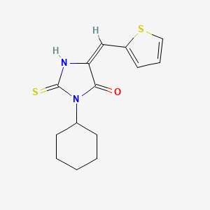 molecular formula C14H16N2OS2 B2747175 3-Cyclohexyl-2-mercapto-5-thiophen-2-ylmethylene-3,5-dihydro-imidazol-4-one CAS No. 832119-07-0
