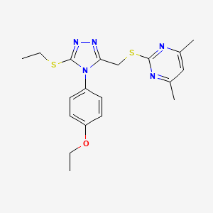 molecular formula C19H23N5OS2 B2747198 2-[[4-(4-Ethoxyphenyl)-5-ethylsulfanyl-1,2,4-triazol-3-yl]methylsulfanyl]-4,6-dimethylpyrimidine CAS No. 868222-25-7