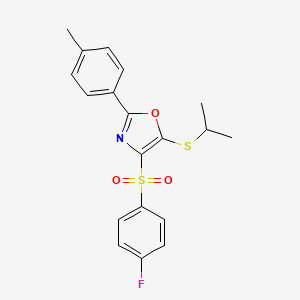 molecular formula C19H18FNO3S2 B2747238 4-((4-Fluorophenyl)sulfonyl)-5-(isopropylthio)-2-(p-tolyl)oxazole CAS No. 850926-70-4