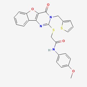 molecular formula C24H19N3O4S2 B2747240 N-(4-methoxyphenyl)-2-((4-oxo-3-(thiophen-2-ylmethyl)-3,4-dihydrobenzofuro[3,2-d]pyrimidin-2-yl)thio)acetamide CAS No. 899941-62-9