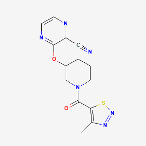 molecular formula C14H14N6O2S B2747259 3-((1-(4-甲基-1,2,3-噻二唑-5-甲酰)哌啶-3-基)氧基)吡嘧啶-2-甲腈 CAS No. 2034478-54-9