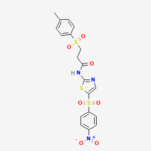 molecular formula C19H17N3O7S3 B2747291 N-(5-((4-nitrophenyl)sulfonyl)thiazol-2-yl)-3-tosylpropanamide CAS No. 895446-10-3
