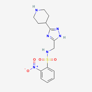 molecular formula C14H18N6O4S B2747292 2-Nitro-N-[(3-piperidin-4-yl-1H-1,2,4-triazol-5-yl)methyl]benzenesulfonamide CAS No. 2138041-00-4