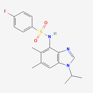 molecular formula C18H20FN3O2S B2747311 4-fluoro-N-(1-isopropyl-5,6-dimethyl-1H-1,3-benzimidazol-4-yl)benzenesulfonamide CAS No. 338423-30-6