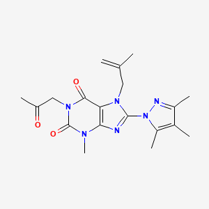 molecular formula C19H24N6O3 B2747316 3-Methyl-7-(2-methylprop-2-enyl)-1-(2-oxopropyl)-8-(3,4,5-trimethylpyrazolyl)-1,3,7-trihydropurine-2,6-dione CAS No. 1014052-96-0
