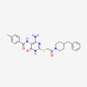 molecular formula C26H29N5O3S B2747330 N-(4-amino-2-((2-(4-benzylpiperidin-1-yl)-2-oxoethyl)thio)-6-oxo-1,6-dihydropyrimidin-5-yl)-4-methylbenzamide CAS No. 872597-48-3