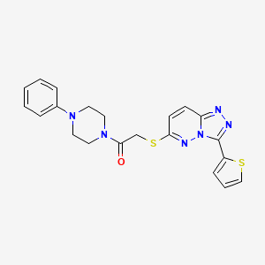 molecular formula C21H20N6OS2 B2747332 1-(4-Phenylpiperazin-1-yl)-2-((3-(thiophen-2-yl)-[1,2,4]triazolo[4,3-b]pyridazin-6-yl)thio)ethanone CAS No. 868966-36-3