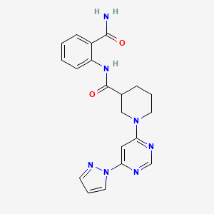 molecular formula C20H21N7O2 B2747347 1-(6-(1H-pyrazol-1-yl)pyrimidin-4-yl)-N-(2-carbamoylphenyl)piperidine-3-carboxamide CAS No. 1334375-22-2