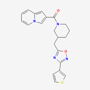 molecular formula C21H20N4O2S B2747377 Indolizin-2-yl(3-((3-(thiophen-3-yl)-1,2,4-oxadiazol-5-yl)methyl)piperidin-1-yl)methanone CAS No. 1705073-98-8