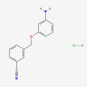 molecular formula C14H13ClN2O B2747394 3-[(3-Aminophenoxy)methyl]benzonitrile hydrochloride CAS No. 1170643-57-8