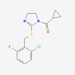 molecular formula C14H14ClFN2OS B2747421 (2-((2-chloro-6-fluorobenzyl)thio)-4,5-dihydro-1H-imidazol-1-yl)(cyclopropyl)methanone CAS No. 851802-66-9