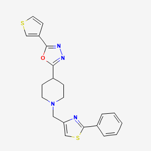 molecular formula C21H20N4OS2 B2747492 2-(1-((2-Phenylthiazol-4-yl)methyl)piperidin-4-yl)-5-(thiophen-3-yl)-1,3,4-oxadiazole CAS No. 1448136-15-9