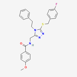 molecular formula C26H25FN4O2S B2747533 N-((5-((4-fluorobenzyl)thio)-4-phenethyl-4H-1,2,4-triazol-3-yl)methyl)-4-methoxybenzamide CAS No. 476448-27-8