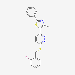 molecular formula C21H16FN3S2 B2747624 5-(6-((2-Fluorobenzyl)thio)pyridazin-3-yl)-4-methyl-2-phenylthiazole CAS No. 892415-36-0