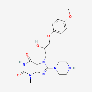 molecular formula C20H26N6O5 B2747630 7-[2-Hydroxy-3-(4-methoxyphenoxy)propyl]-3-methyl-8-piperazin-1-ylpurine-2,6-dione CAS No. 312915-48-3
