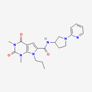 molecular formula C21H26N6O3 B2747631 1,3-dimethyl-2,4-dioxo-7-propyl-N-(1-(pyridin-2-yl)pyrrolidin-3-yl)-2,3,4,7-tetrahydro-1H-pyrrolo[2,3-d]pyrimidine-6-carboxamide CAS No. 1798485-28-5