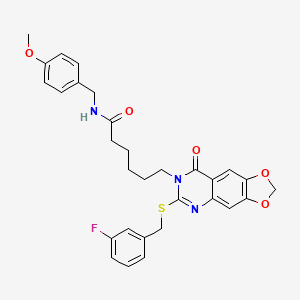 molecular formula C30H30FN3O5S B2747654 6-[6-[(3-氟苯甲基)硫基]-8-氧代[1,3]二噁噻吩[4,5-g]喹唑啉-7(8H)-基]-N-(4-甲氧基苯甲基)己酰胺 CAS No. 688060-88-0