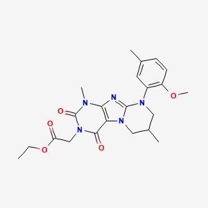 molecular formula C22H27N5O5 B2747732 ethyl 2-(9-(2-methoxy-5-methylphenyl)-1,7-dimethyl-2,4-dioxo-1,2,6,7,8,9-hexahydropyrimido[2,1-f]purin-3(4H)-yl)acetate CAS No. 923471-13-0