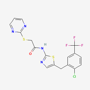 molecular formula C17H12ClF3N4OS2 B2747758 N-[5-[[2-chloro-5-(trifluoromethyl)phenyl]methyl]-1,3-thiazol-2-yl]-2-pyrimidin-2-ylsulfanylacetamide CAS No. 708997-60-8